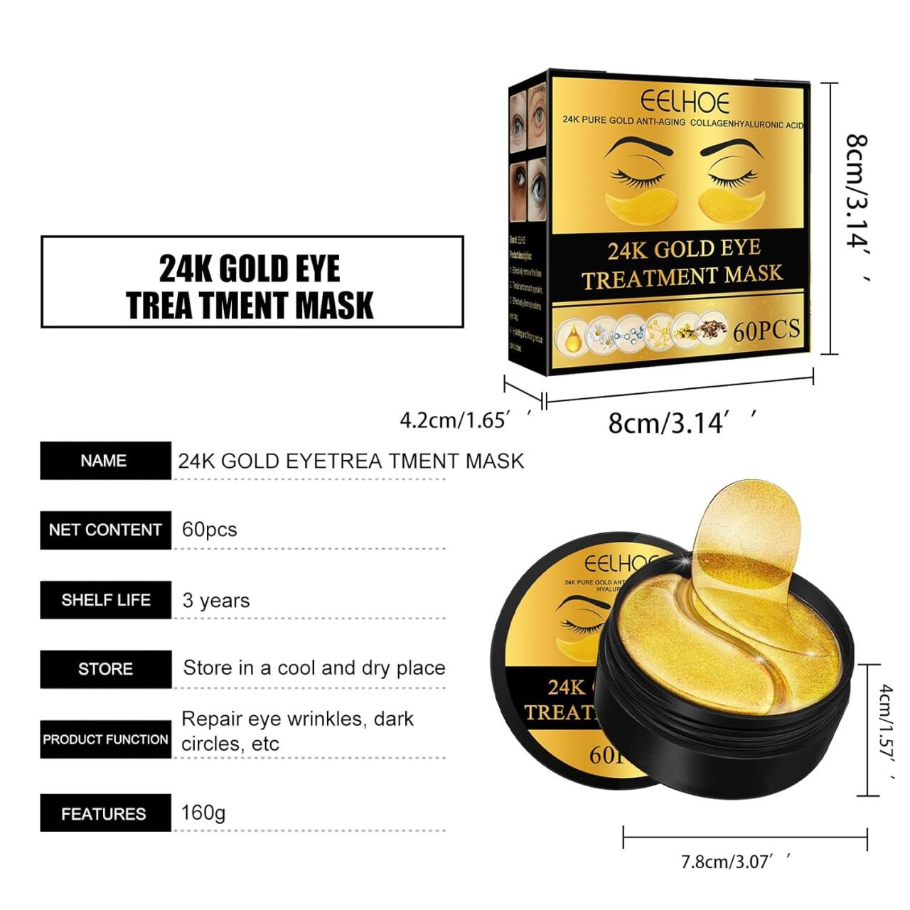 Parches EELHOE de oro de 24 quilates para ojos – 60 piezas ✨👁️