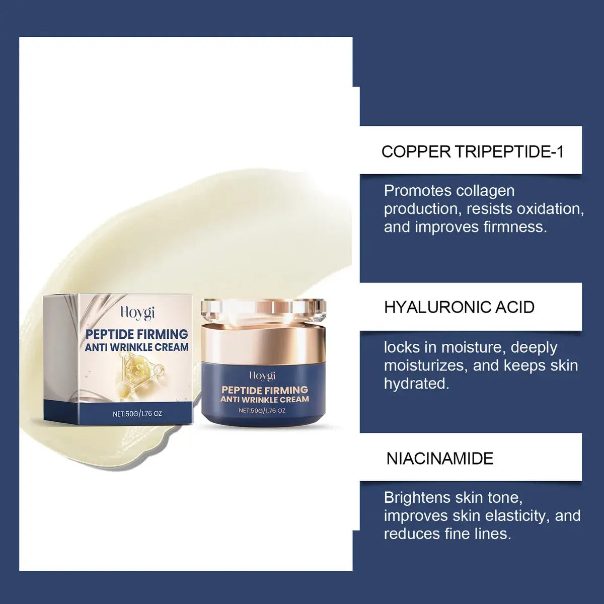 Crema reafirmante antiarrugas con péptidos Hoygi – 50 g ✨💆♀️