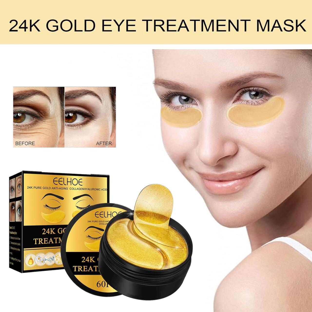 Parches EELHOE de oro de 24 quilates para ojos – 60 piezas ✨👁️