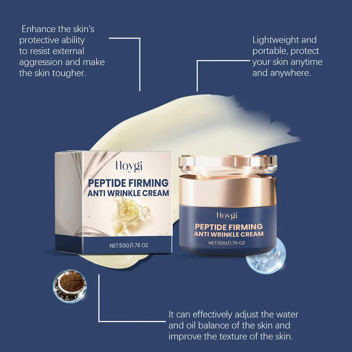 Crema reafirmante antiarrugas con péptidos Hoygi – 50 g ✨💆♀️