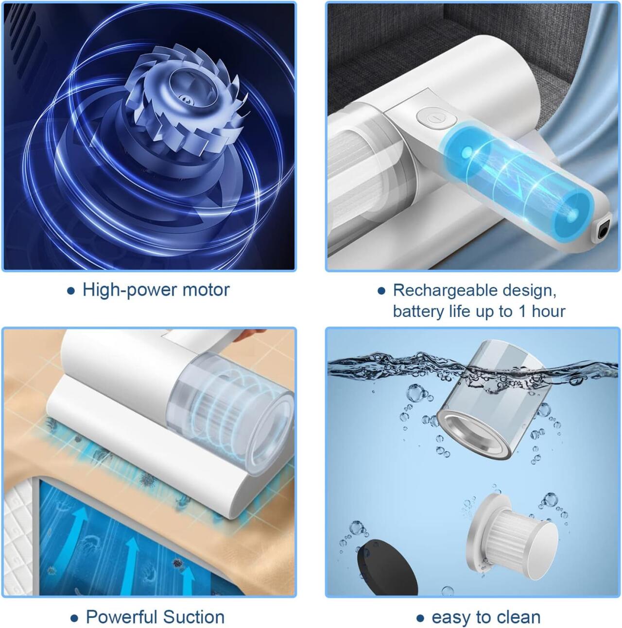 Aspiradora antiácaros 2 en 1: 300 W de potencia, 2400 mAh y succión de 10 000 Pa